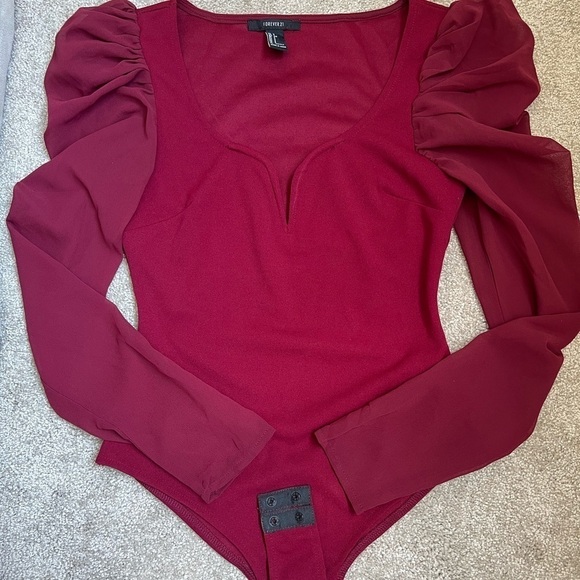 Forever 21 Sweetheart Neck Puffer Sheer Long Sleeve Red Bodysuit Valentine’s D S - Picture 3 of 9